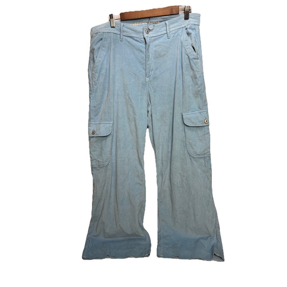 American Eagle Corduroy Cargo Pants Light Blue Wide Leg Flare Bottoms Size 14
